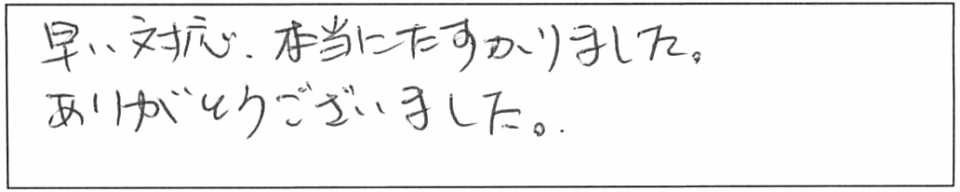 早い対応、本当にたすかりました。ありがとうございました。