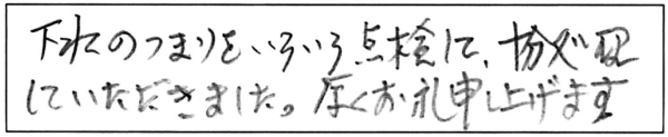 下水のつまりをいろいろ点検して、十分処理していただきました。厚くお礼申し上げます。