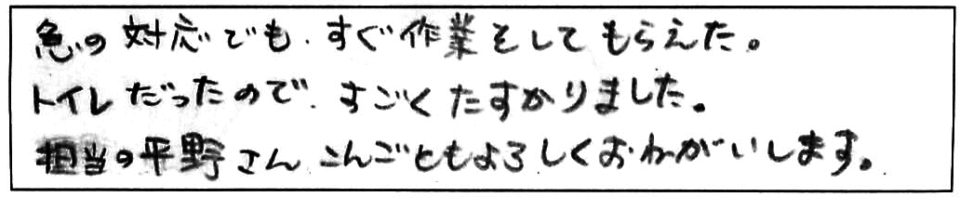 急の対応でも、すぐ作業をしてもらえた。トイレだったので、すごくたすかりました。担当の平野さん、こんごともよろしくお願いします。