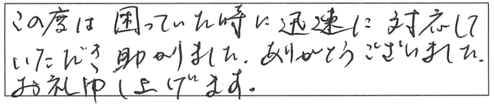 この度は困っていた時に迅速に対応していただき、助かりました。ありがとうございました。お礼申し上げます。