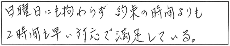 日曜日にも拘らず約束の時間よりも2時間も早い対応で満足している。