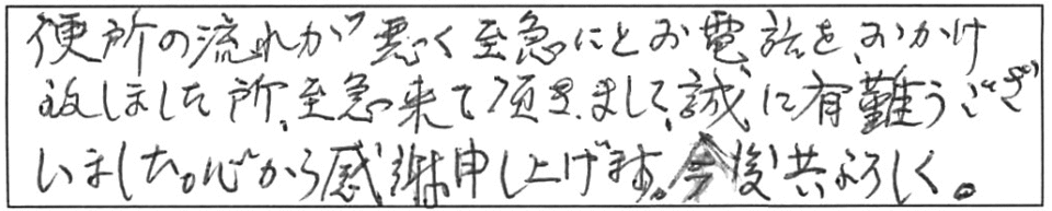 便所の流れが悪く、至急にとお電話をおかけ致しました所、至急来て頂きまして、誠に有難うございました。心から感謝申し上げます。今後共よろしく。