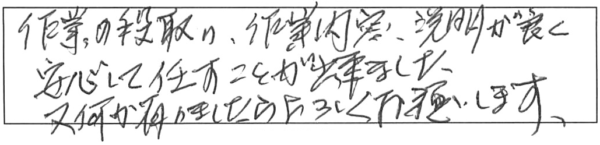 作業の段取り、作業内容、説明が良く安心して任すことが出来ました。又、何か有りましたら、よろしくお願いします。 