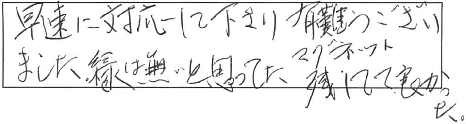 早速に対応して下さり有難うございました。縁は無いと思ってたマグネット残してて良かった。 