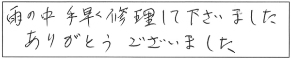 雨の中、手早く修理して下さいました。ありがとうございました。