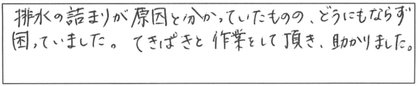 排水の詰まりが原因と分かっていたものの、どうにもならず困っていました。てきぱきと作業をして頂き、助かりました。