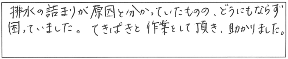 排水の詰まりが原因と分かっていたものの、どうにもならず困っていました。てきぱきと作業をして頂き、助かりました。