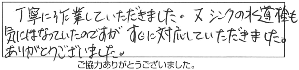 丁寧に作業していただきました。又シンクの水道栓も気になっていたのですが、すぐに対応していただきました。ありがとうございました。 