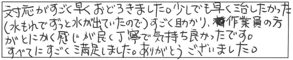 対応がすごく早くおどろきました。少しでも早く治したかった（水もれでずっと水が出ていたので）すごく助かり、作業員の方がとにかく感じが良く丁寧で気持ち良かったです。すべてにすごく満足しました。ありがとうございました。