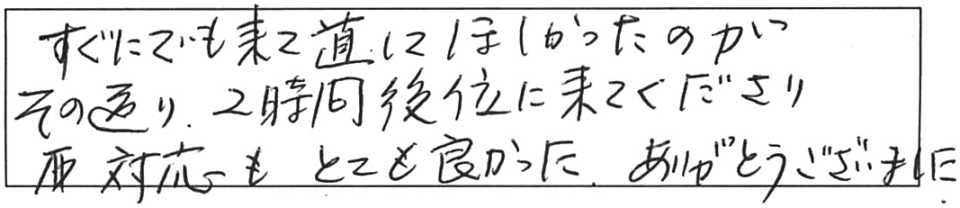 すぐにでも来て直してほしかったのが、その通り、2時間後位に来てくださり、対応もとても良かった。ありがとうございました。