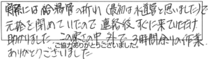 実際には給湯管の折れ（最初は水道管と思いました）で元栓を閉めていたので、連絡後すぐに来ていただけ助かりました。この寒さの中で、3時間余りの作業ありがとうございました。 