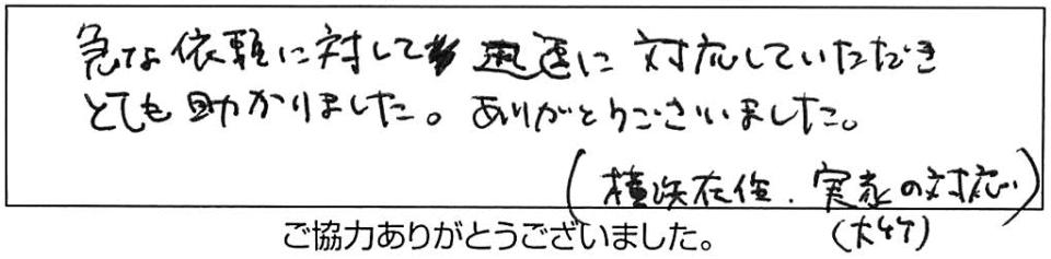 急な依頼に対して迅速に対応していただき、とても助かりました。ありがとうございました。（横浜在住、実家（大竹）の対応）