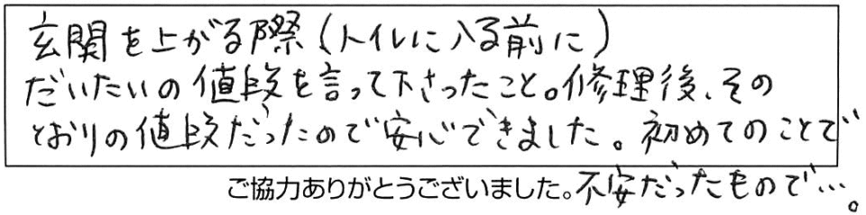 玄関を上がる際（トイレに入る前に）、だいたいの値段を言って下さったこと。修理後、そのとおりの値段だったので安心できました。初めてのことで不安だったもので…。