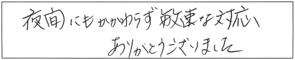 夜間にもかかわらず敏速な対応ありがとうございました。