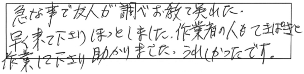 急な事で友人が調べ、教えてくれた。早く来て下さり、ほっとしました。作業者の人もてきぱきと作業して下さり、助かりました。うれしかったです。