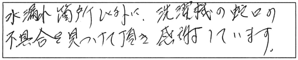 水漏れ箇所以外に、洗濯機の蛇口の不具合を見つけて頂き、感謝しています。