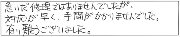 急いだ修理ではありませんでしたが、対応が早く、手間がかかりませんでした。有り難うございました。