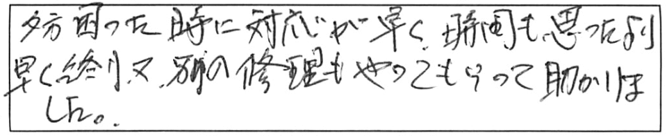 夕方、困った時に対応が早く、時間も思ったより早く終り、又、別の修理もやってもらって助かりました。