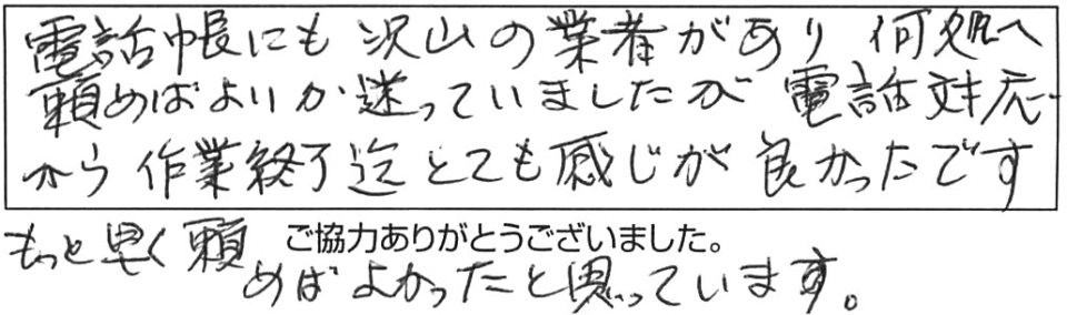 電話帳にも沢山の業者があり、何処へ頼めばよいか迷っていましたが電話対応から作業終了迄とても感じが良かったです。もっと早く頼めばよかったと思っています。