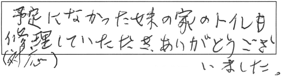 予定になかった妹の家のトイレも修理（対応）していただき、ありがとうございました。