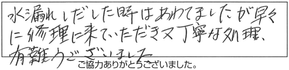 水漏れしだした時はあわてましたが、早々に修理に来ていただき、又、丁寧な処理、有難うございました。