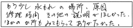 もう少し、水もれの場所、原因、修理、時間、その他の説明がほしかった。ほかの箇所もみてもらってありがたかった。