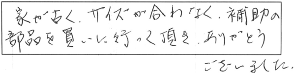 家が古く、サイズが合わなく、補助の部品を買いに行って頂き、ありがとうございました。