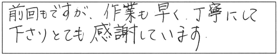 前回もですが、作業も早く、丁寧にして下さり、とても感謝しています。