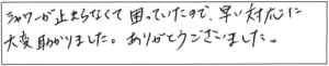 シャワーが止まらなくて困っていたので、早い対応に大変助かりました。ありがとうございました。