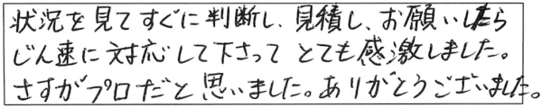 状況を見てすぐに判断し、見積し、お願いしたら、迅速に対応して下さって、とても感激しました。さすがプロだと思いました。ありがとうございました。