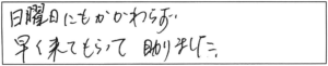 日曜日にもかかわらず、早く来てもらって助かりました。