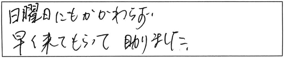 日曜日にもかかわらず、早く来てもらって助かりました。