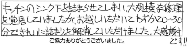 キッチンのシンク下を詰まらせてしまい、大規模な修理を覚悟していましたが、お越しいただいて、わすが20~30分できれいに詰まりを解消していただけました。大感謝です！！