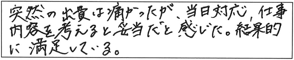 突然の出費は痛かったが、当日対応、仕事内容を考えると妥当だと感じた。結果的に満足している。