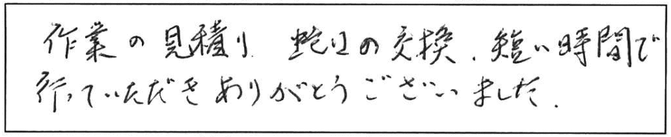 作業の見積り、蛇口の交換、短い時間で行っていただき、ありがとうございました。