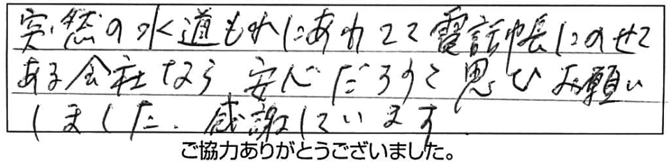 突然の水道もれにあわてて電話帳にのせてある会社なら安心だろうと思いお願いしました。感謝しています。