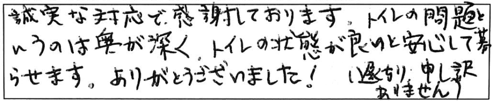 誠実な対応で感謝しております。トイレの問題というのは奥が深く、トイレの状態が良いと安心して暮らせます。ありがとうございました！(F/B遅くなり申し訳ありません）