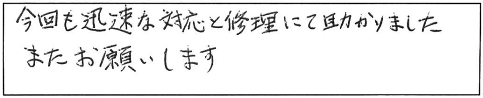 今回も迅速な対応と修理にて助かりましたまたお願いします