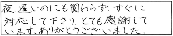 夜遅いのにも関わらず、すぐに対応して下さり、とても感謝しています、ありがとうございました。