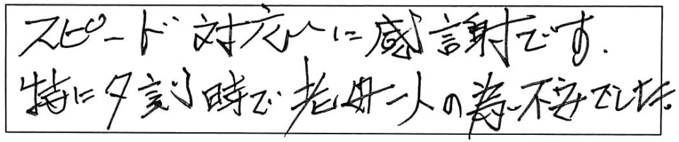 スピード対応に感謝です。特に夕刻時で老婆一人の為不安でした。