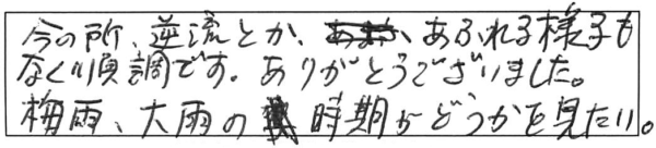 今の所、逆流とか、あふれる様子もなく順調です。ありがとうございました。梅雨、大雨の時期がどうかを見たい。