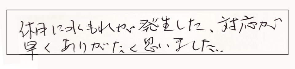 休日に水もれが発生した対応が早くありがたく思いました。